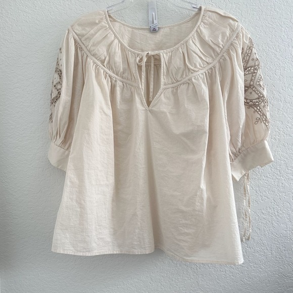 Old Navy Tops - Old Navy Boxy Blouse Top XL Sea Salt Embroidered Eyelet Bohemian Peasant Cottage